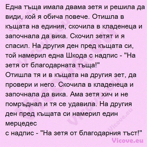 Една тъща имала двама зетя и решила да види, кой я обича повече